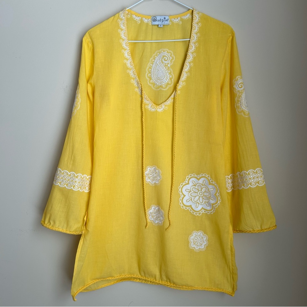 Mud Pie Yellow and White Embroidered Paisley Detailing Beach Swim Cover Up Sz S